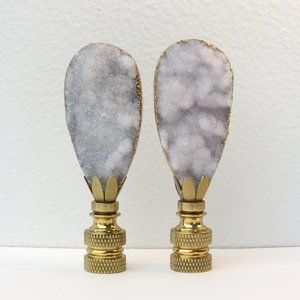 Hollywood Regency White and 14 KT Gold Geode Crystal Lamp Finials, a Pair